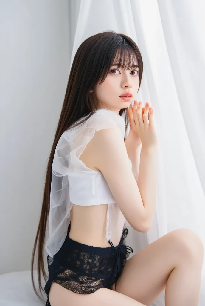 Pieces fly、highest quality、An illustration、Super quality、Are you okay、High resolution、8k wallpaper、Perfect dynamic composition、(((Whole Body Ezbian)))、((From below))、Cute 20 year old girl、Beautiful face in every detail、Small and cute eyes、Fine skin、Blushed、(Shortcuts:1.3)、(Wavy brown hair)、Large Breasts、Bold sexy pose、Toothy smile、(Sleeveless、Navel exposed、Fitted turtleneck)、Hot Pants String Street、Small breasts、Between the legs、Small Ass、Thin ass、Please generate on the eaves.、Narrow shoulders、In underwear、Show your side、Sexy Hitakima