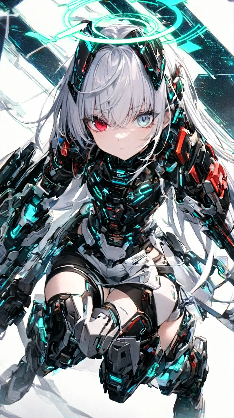 masterpiece, best quality, glowing eyeslong hair with long locks,white_hair,red_eyes,white_thighhighs,small_breasts,{{Mechanical wing}},{{Metal wings}},{{Mecha wing}},{mecha clothes},robot girl,beautiful detailed face,Mechanical-arm,((beauty detailed eye)),{mecha,huge_filesize},beautiful detailed face, ((beauty detailed eye)), dramatic angle{{beautiful face}},{best quality}, {{masterpiece}}, extremely detailed 8K wallpaper,cyberpunk city,masterpiece,highres,detailed manga illustration,(bare shoulders), (skinny) <lora:A-Mecha-REN[color_theme,mecha musume, mechanical parts, robot joints,headgear,full armor]:1>,mecha musume,(Upper body:1.3), ((solo))