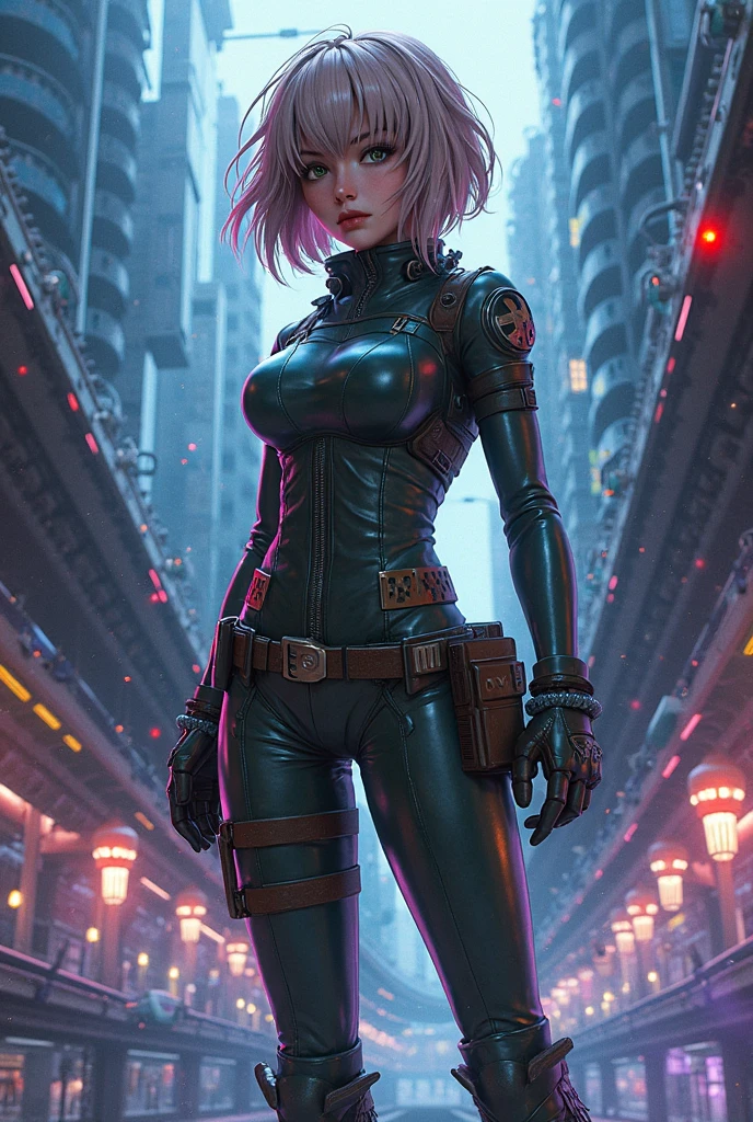 torso shot, facing away, best quality, masterpiece, cyberpunk Sophie Turner as 1girl, (solo:1.1), ultra detailed,detailed face, 8k wallpaper, platinum white hair in side cut fashion, wide hips, smile, Sophie Turner as military female soldier with gear of war, city background, smoke and rubbles, by gustav klimt , atey ghailan, by greg rutkowski, by greg tocchini, by james gilleard, by joe fenton, by kaethe butcher, gradient blue, green and purple color scheme