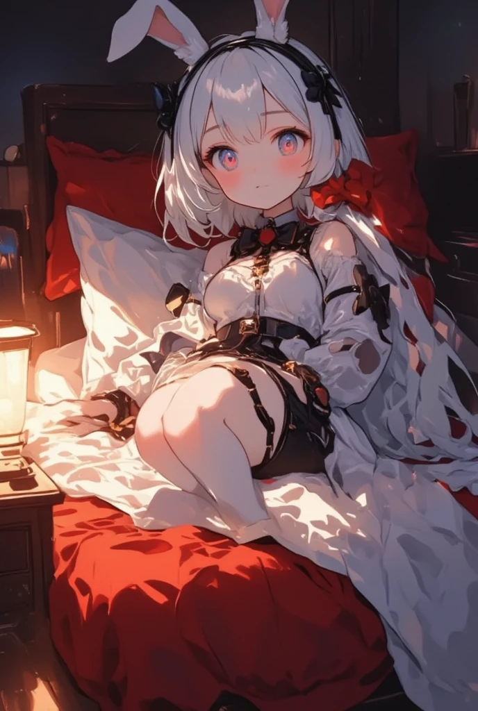 ((masterpiece))、((top-quality))、((Official art))、8K、very detailed illustration、One girl、Gray hair、Long straight hair、Detailed eye、(Interior of the old castle 1.2)、The dim、(Gorgeous red and black gothic dress 1.2)、((Dracula's daughter))、((deadpan))、Fair skin、pure、Meek、The bra is visible through the gap in the clothes、Detailed gravure pose、white glove、Pressed against the bed