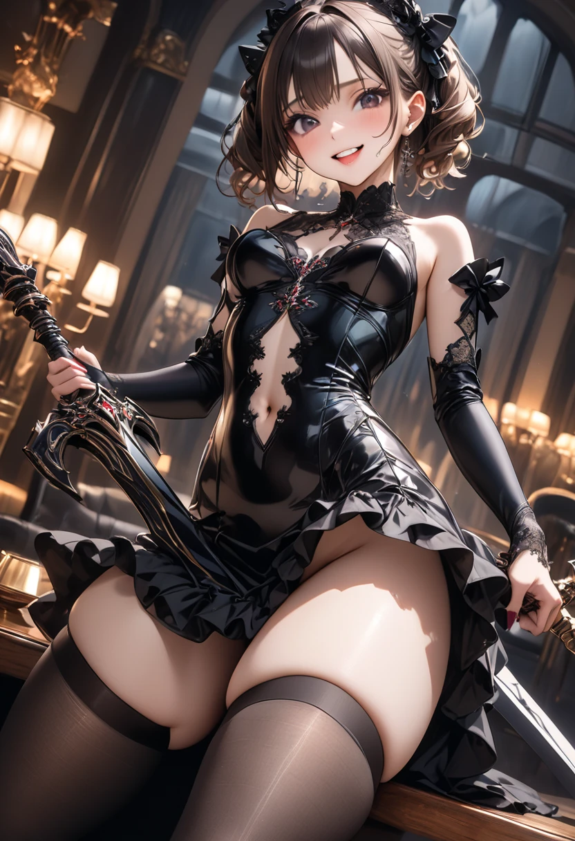 (Highest quality)), ((masterpiece)), (detailed), prison, One girl, ass pov, ((((from below)))), looking at viewer, evil grin, ((whip)), wielding a whip at viewer, femdom, dominatrix, ((bare shoulders)), ((black bustier)), ((black stockings)), ((black g-string)), ((black high heels)), ((black garter belt)), ((black elbow gloves)), ((female standing)),