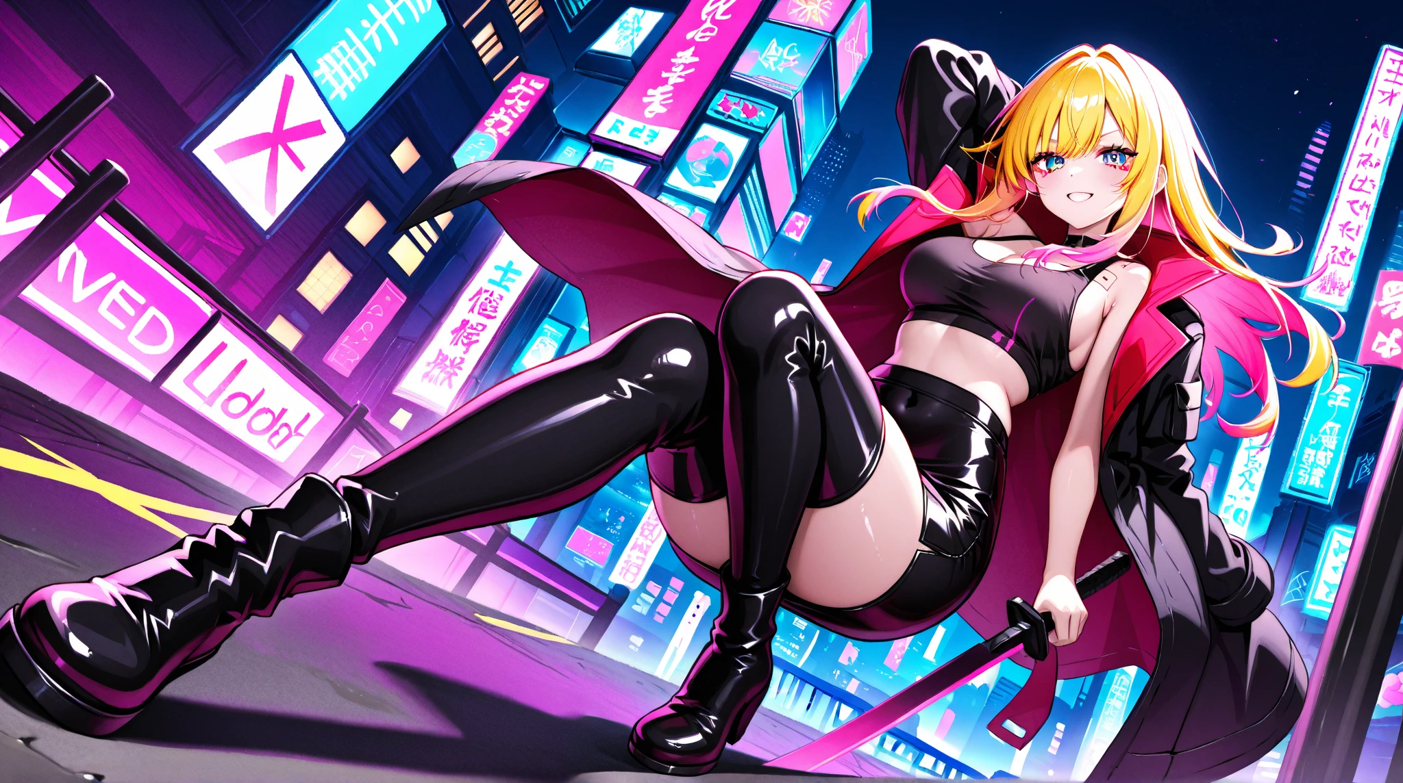 Age 30 years woman, Long blonde hair with pin doll, Wearing left eye patch, wearing a black red white bodysuit with cloak, high heels, red nails and eyes, On the cyberpunk city, looking at viewer, sad, best quality, masterpiece, HD, Full Body, beautiful face, Night sky, variation angle, Swing on the building