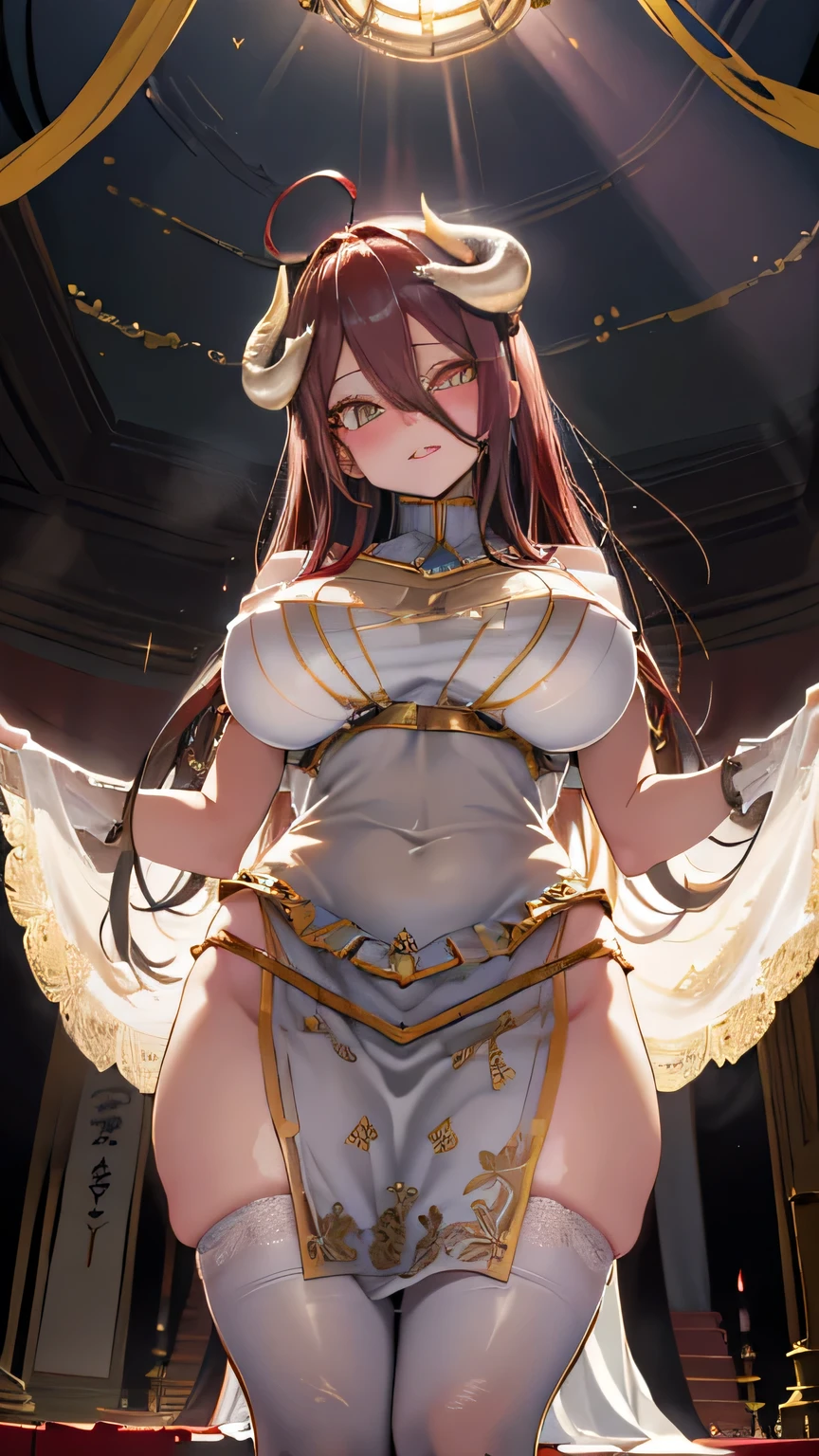 (extreme close-up of thigh), (The view is from very close below:1.5),
Pushing hips forward, (Sitting on the throne:1.1), (head tilt), (stroking own chin), (sitcrossleg:1.2),
seductive grin smug, drunken eyes, (blush), half closed eyes,
(head tilt), (upper body:1.2),
1woman,(complete anatomy), albedo, ahoge, horns, black wings, 輝く黄色い目, slit pupils, (低い翼:1.1), (超詳細,非常に詳細),
(非常に詳細 CG unity 8k wallpaper),(鮮やかな色彩),{best illustration}, (誘惑的な目,自然な肌の質感, リアルな顔のディテール),
(betterhand,5本の指), very shiny 肌,光沢のあるボディ,(plastic glitter 肌),exaggerated shiny 肌,illuminated 肌,
Glamorous_tall_tight_waist_long_legs,curvy,cleavage,(huge hips),(huge breasts),gold accessories,
albedodef, slit pupils, dress, hip vent, white gloves, bare shoulders, white thighhighs,
(palace), A huge, richly decorated throne, vast hall, indoors, aglitter, rows intricate columns, dazzlingly bright lighting, gorgeous, staircase, marble floors, crimson carpets, white stone ceiling,
(Dark red curtain: 1.5), (dark, rich background with subtle textures:1.2),(dramatic baroque lighting, chiaroscuro style:1.3),
(strong contrast of light and shadow highlighting :1.3), (lens for soft bokeh:1.3), (shallow depth of field focused on the :1.3), depth,
(high resolution for fine detail:1.3),