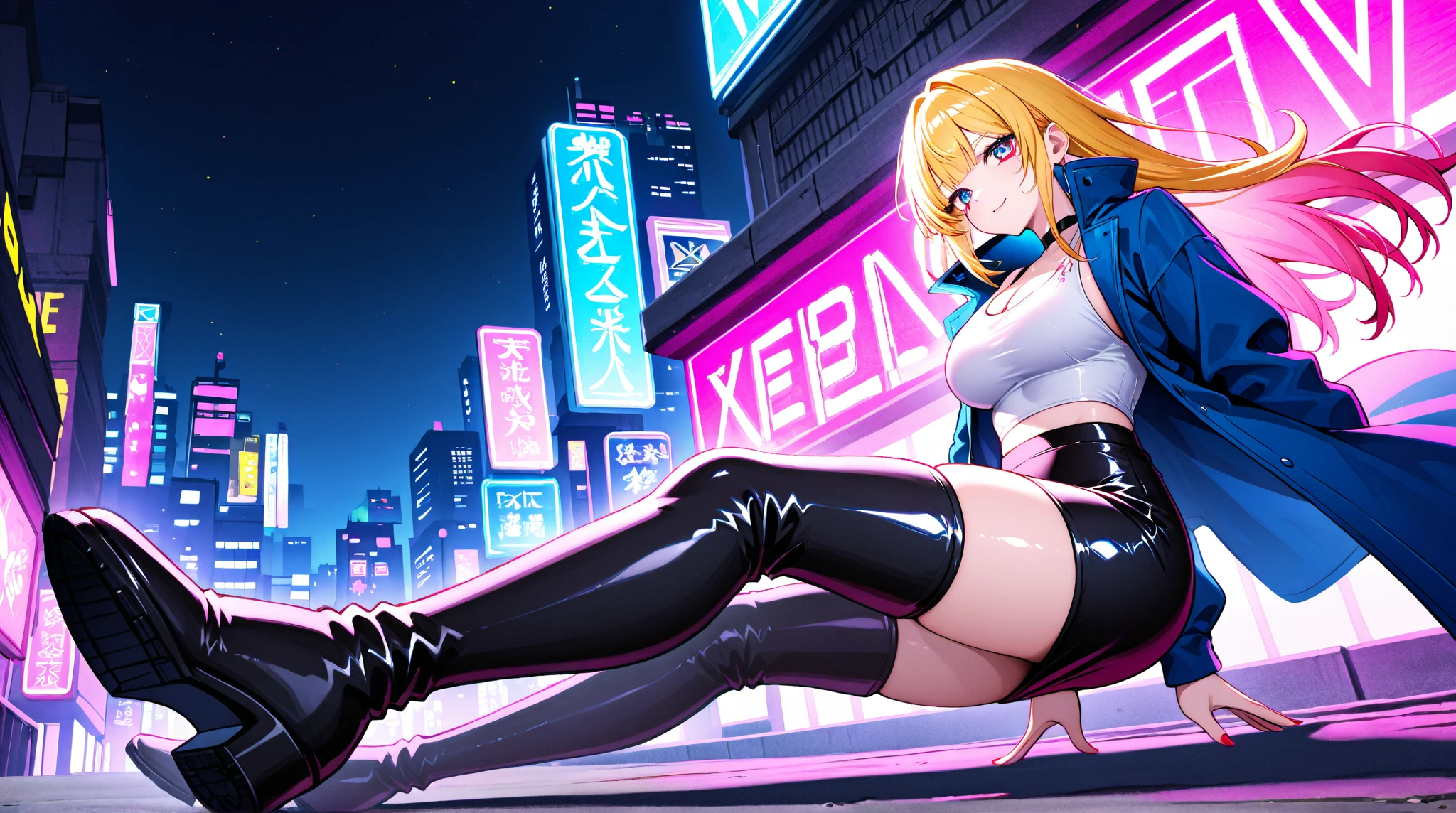 cammy white, short hair, antenna hair, blue eyes, scar on cheek, large breasts, black choker, collarbone, blue jacket, cropped jacket, open jacket, sports bra, midriff, fingerless gloves, black gloves, ((high cut thong lingery sexy)),light smile,ambient lighting,full body shot,