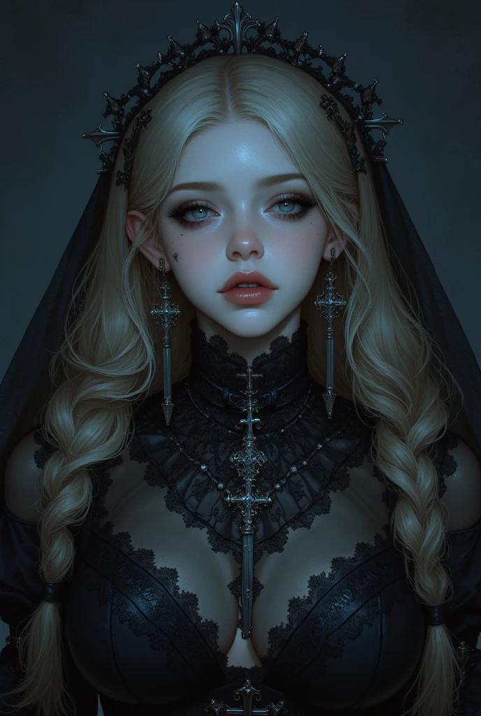 Digital art .super realistic ,Very beautiful and sexy ,Elegant Nun in the style of Eric Wallis,pearly blonde hair. .looks into the camera with bewitchingly beautiful eyes,black makeup,plump lips enhance the mysterious aura, sheer black chiffon cassock, flowing with every barely noticeable movement, decorated with gothic tattoos depicting symbols and wings.,average beautiful breasts, fingers decorated with gothic rings, Mark Rybu's photographic style,filmed in a professional studio, ultra HD, realistic rendition of divine elegance, has a sharp focus, complex parts, as seen in the octane image,with detailed acrylic grunge textures, complexity in every stroke, rendering in Unreal Engine for photorealistic effect. a high resolution, high quality, masterpiece 8k UHD
