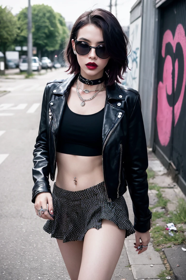 Young girl, acid red bob, piercings, dark makeup, leather jacket, white top, black skirt, power boots, mesh tights