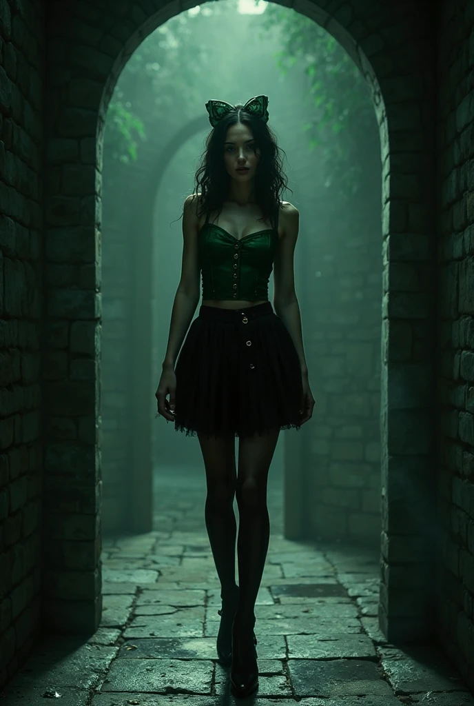 Eva Green dressed in green fishnet skirt and stockings