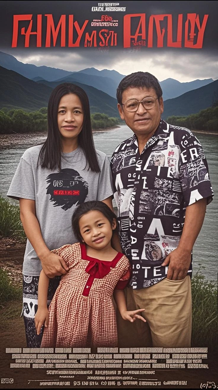 a 50 year old Indonesian man wearing a black jacket and white t-shirt with short black hair holding a cute 5 month old baby boy against a cool mountain background. Realistic real photos, 8K, ultra HD, super sharp.