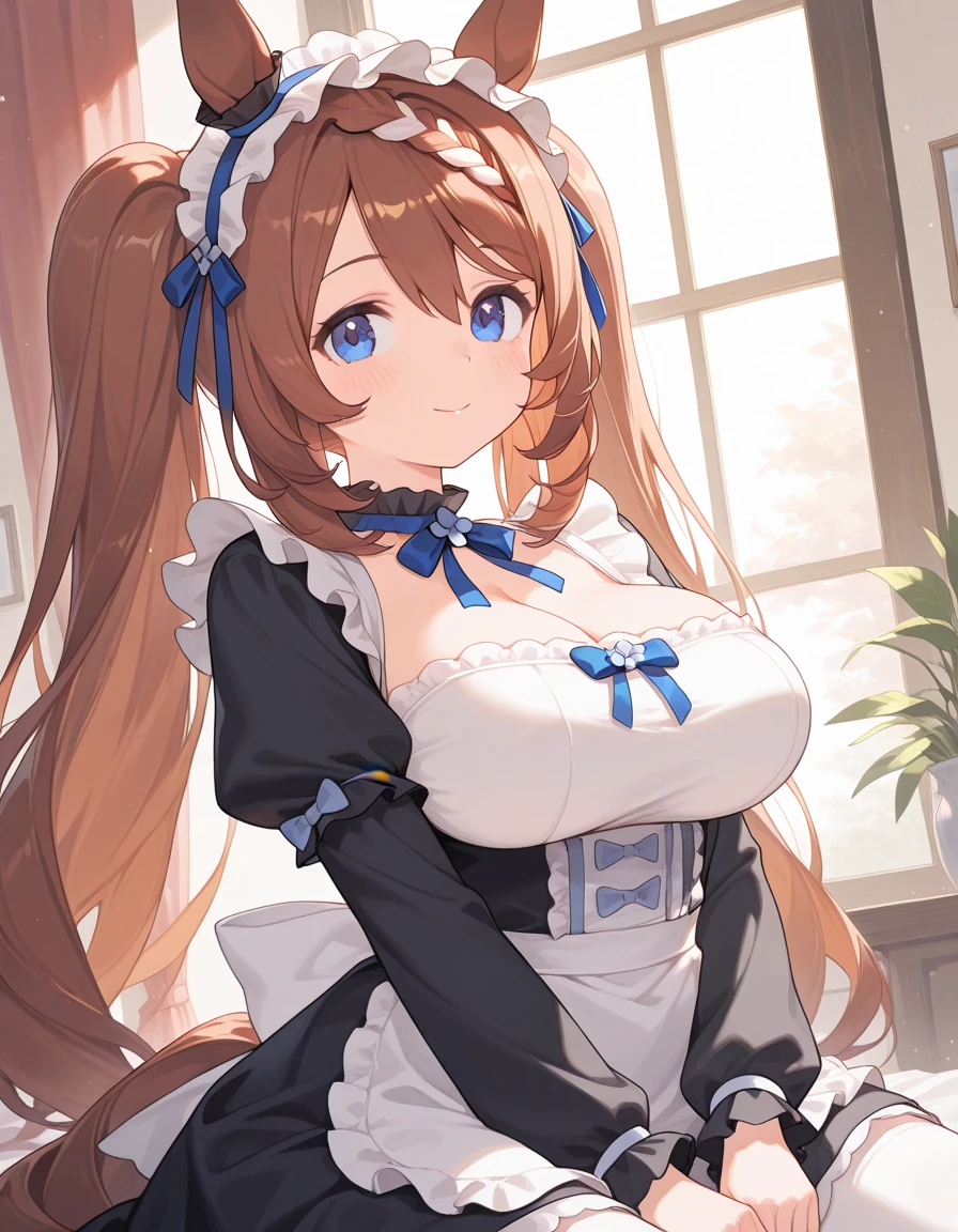 A Beautiful Cute Girl, with (Lush, Long Dark-Brown Hair), (Big Beautiful Blue Eyes), (Extremely Large, Incredibly Huge, Absurdly Enormous Breasts), Incredibly Wide Hips, Huge Thighs, Thick Thighs, wearing a (Black and White, Maid Outfit), Big Cleavage,