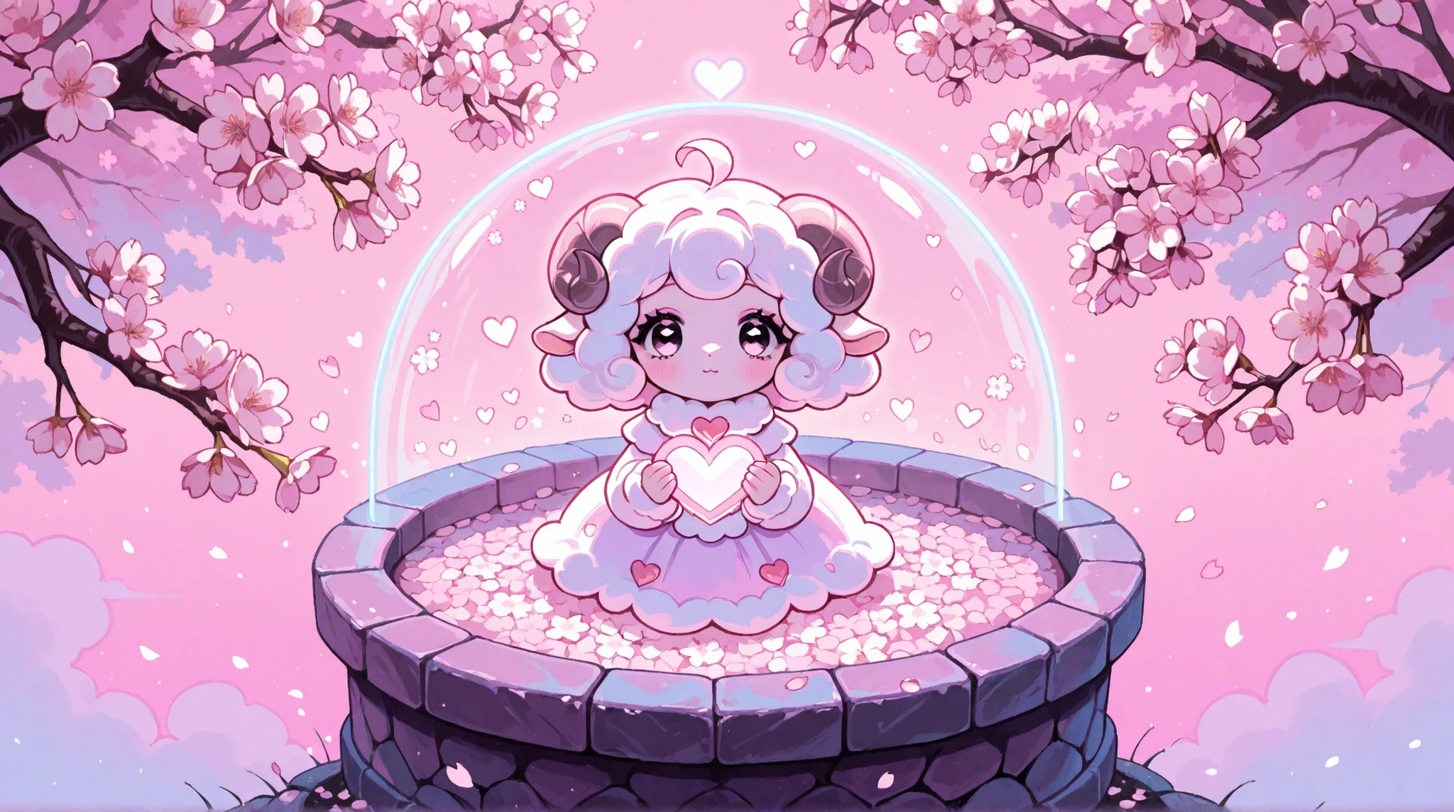 Cute cartoon/ Sheep woman, pink aesthetic background, heart, cherry blossoms, well lit,  pastel goth