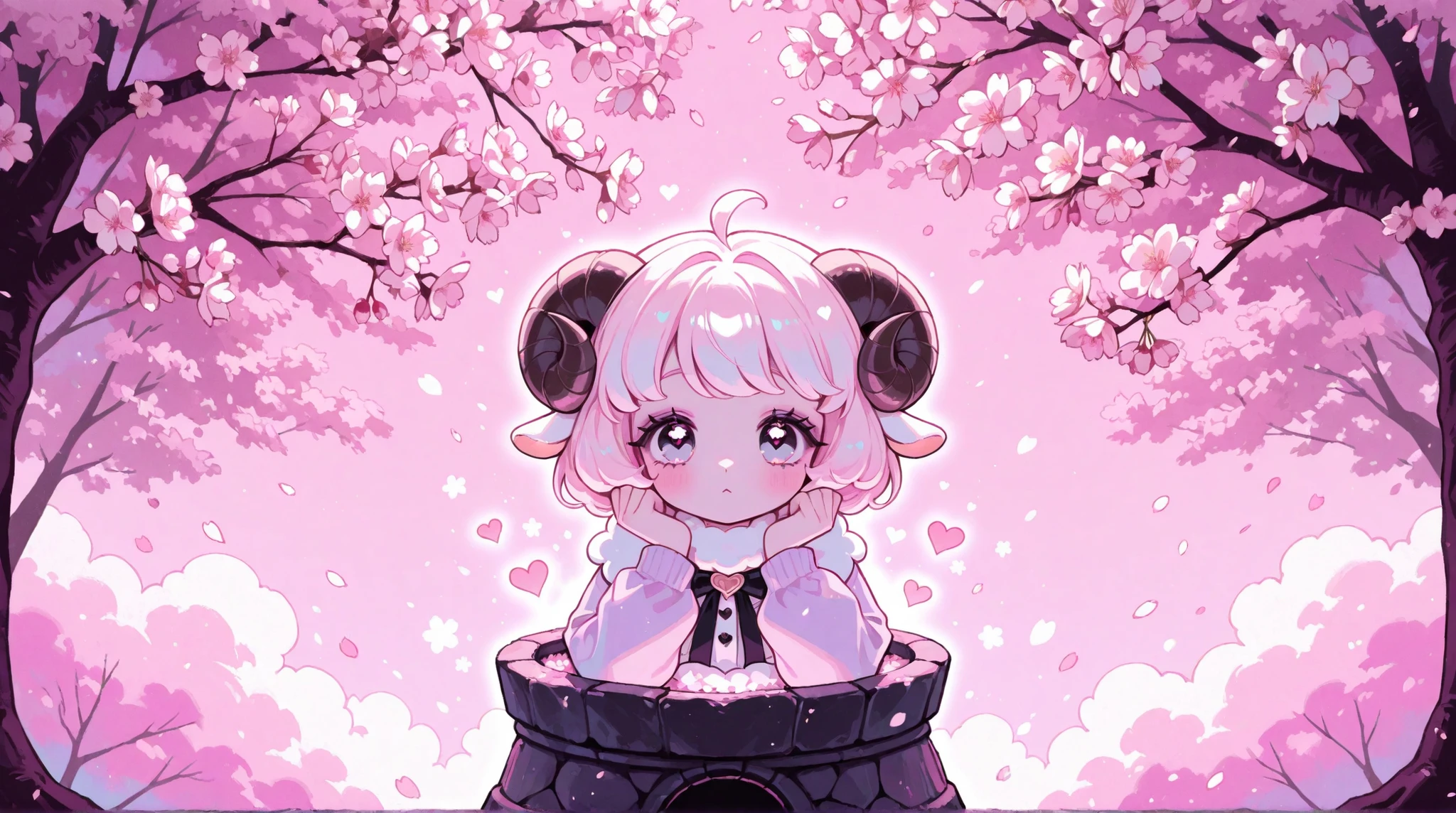 Cute cartoon/ Sheep woman, pink aesthetic background, heart, cherry blossoms, well lit, pastel goth