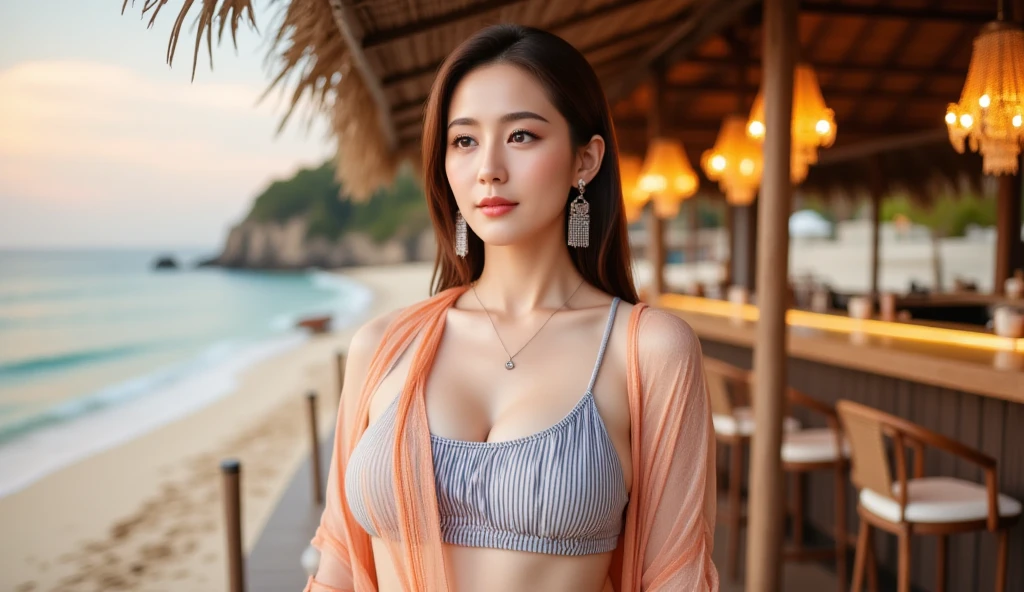 best quality, 4k, 8k, Detailed faces, nico robin, beauty girl, Korean makeup, Red lips, laugh, perfect body, orange hair, big breasts, thigh, solo, Look at the viewer, long silky hair, her outfit Orange trout long sarong dress, The sarong dress has red and yellow flowers on the sides, sarong skirt with frills showing off the hips, Short-sleeved navy blue leather vest, shirt with partial zippers with a V-neckline, She wears white sunglasses with orange lenses, She wears glasses on her forehead, Coconut tree beach scenery,