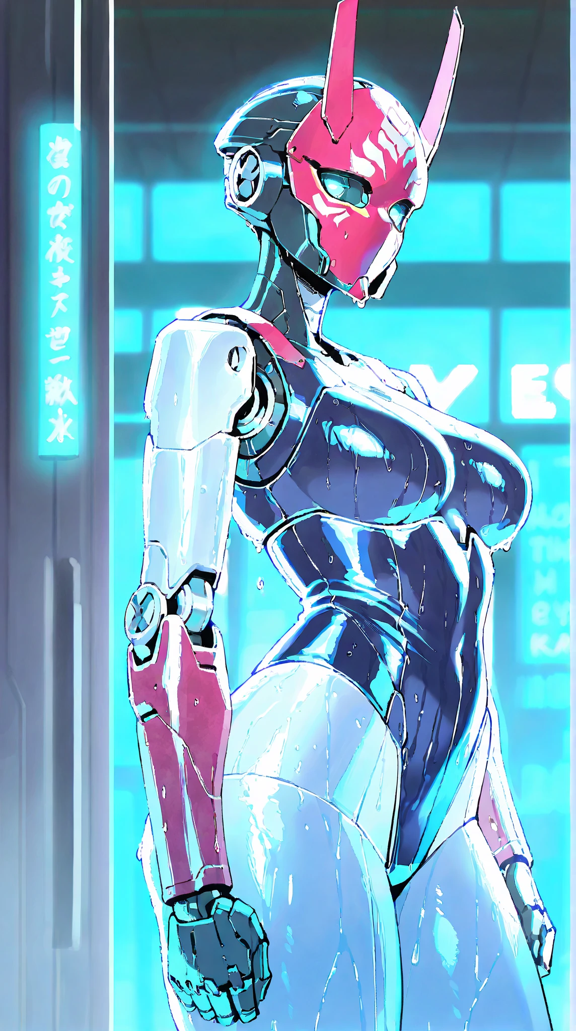 cyberpunk, shop, pink neon everywhere, female android, sexbot, robot joints, pussy, labia, (((in a window display, behind glass, inside glass case))), sold as a toy, (standing at attention, arms at sides, blank expression, blank eyes, looking nowhere)