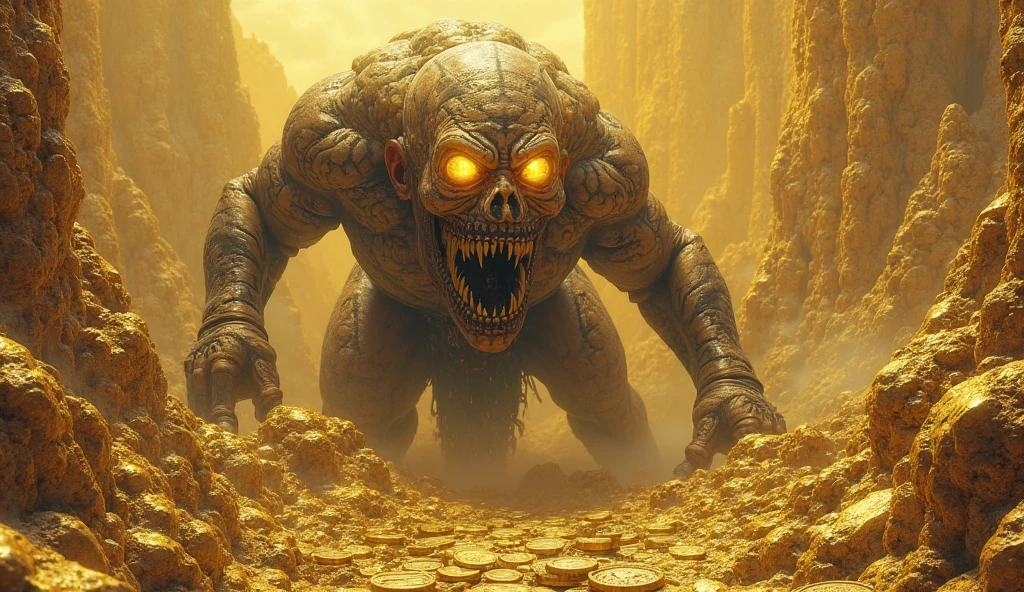 A deadly mimic (AD&D), eldritch horror, tentacles, teeth, transforming, golden Buddha statue, bones, surrounding dungeon, detailed, photorealistic, 8K, cinematic lighting, dark fantasy, dramatic, moody colors, dramatic composition