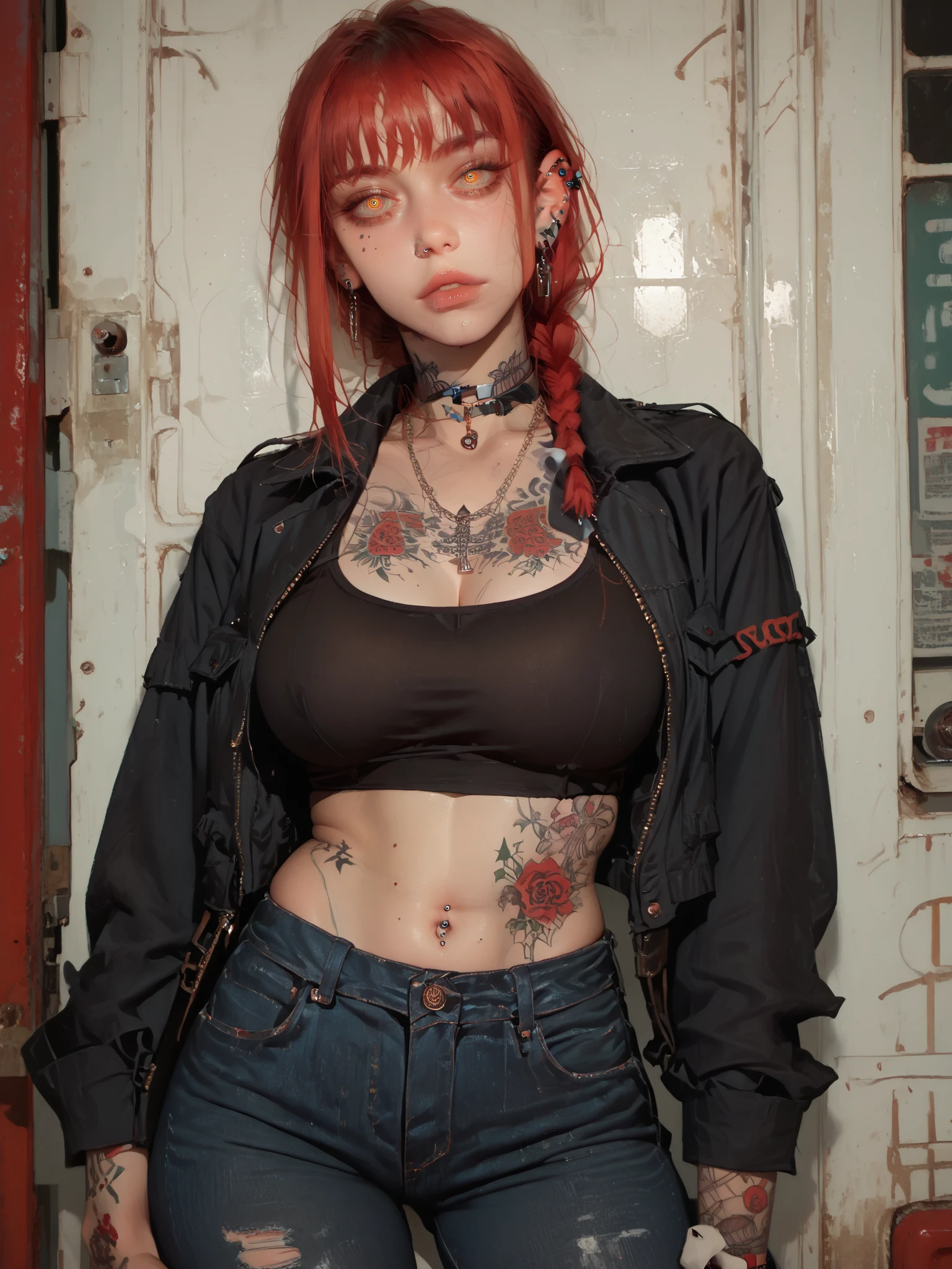 ,Makima (chainsaw man), 1girl, jewelry, solo, tattoo, piercing, earrings, red hair, necklace, pants, ringed eyes, large breasts, ear piercing, jacket, choker, blurry, ring, blurry background, low slung jeans, hip hugger jeans, single braid ponytail