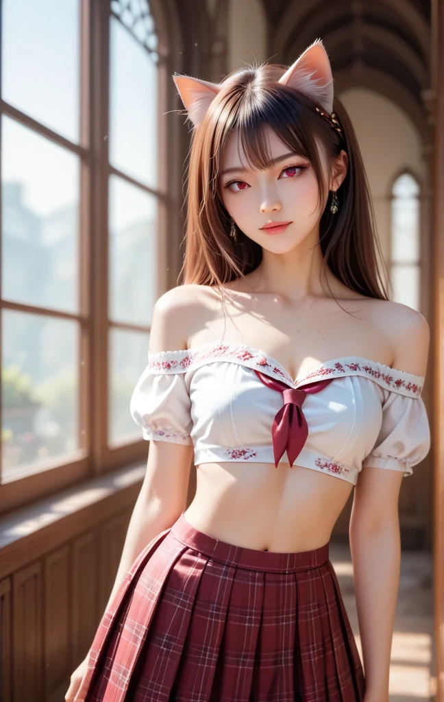 (, high resolution, Ultra Detailed, nffsw), On the table, best quality, SAMA1, Tira, Sailor warrior, White gloves, Red sailor collar, Red Skirt, Star necklace, Elbow groove, Pleated Skirt, Bare legs, Purple bow, Cowboy photoshoot, outdoor, Bokeh (85mm lens), Front camera, Gentle expression, wind blowing hair, fluffy hair, hair ((Brown)), Ponytail, Casual hairstyles, Blonde hair, Mole under left eye, Perfect body, Big breasts, Large Breasts, Top quality wearing hair ribbons, Earrings of top quality,