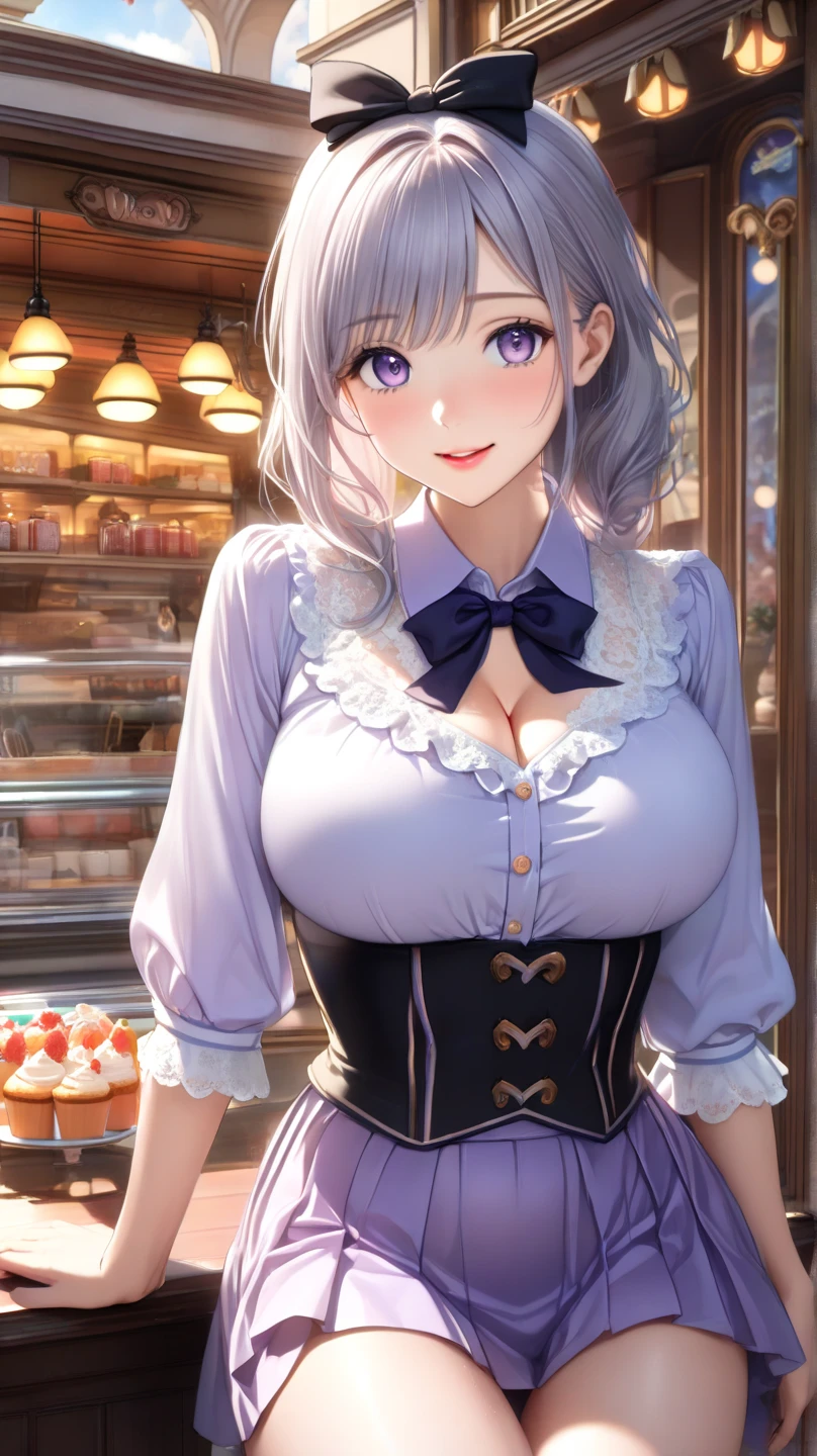 (Masterpiece, BestQuality:1.3), (ultra detailed:1.2), (hyperrealistic:1.3), (RAW photo:1.2), High detail RAW color photo, professional photograph, (Photorealistic:1.4), (realistic:1.4), (Pink Hair:1.5), professional lighting, perfect anatomy, (Big Breasts:1.2), (blush, detailed face), (cheerful Smile:1.5), Trending Hair&Trending Hairカラーをランダムに, earrings, necklace, bracelet, sexly, erotic sexly, Random sexy gravure poses, (Beautiful cosplayer wearing a blue and white waitress-style costume、With a cheerful smile in a retro diner、Milkshakes on a tray。Waitress cap on head、On her feet she wears white loafers。:1.3)
