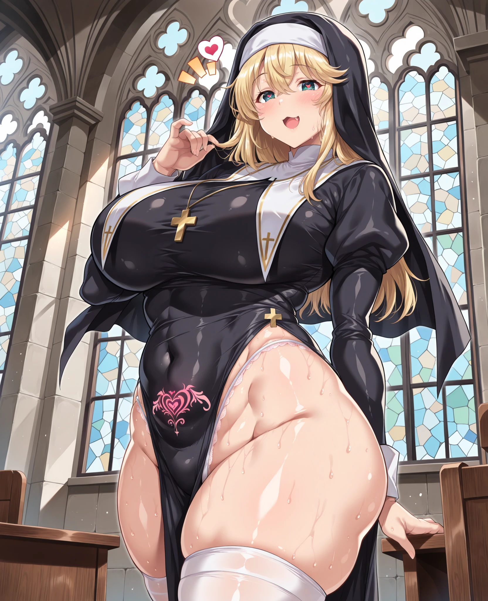 1girl, blond hair, (tongue), ahg, (rolling eyes), cum,wet, drooling, (anguish), Catholic nun, smile, ((large breasts)), ((sweat)), full body shot, church, glasses, bottomless, uncensored, pussy, spread legs, (pubic hair), nsfw, pov BREAK ,((1man and 1woman,having sex)), boy on top