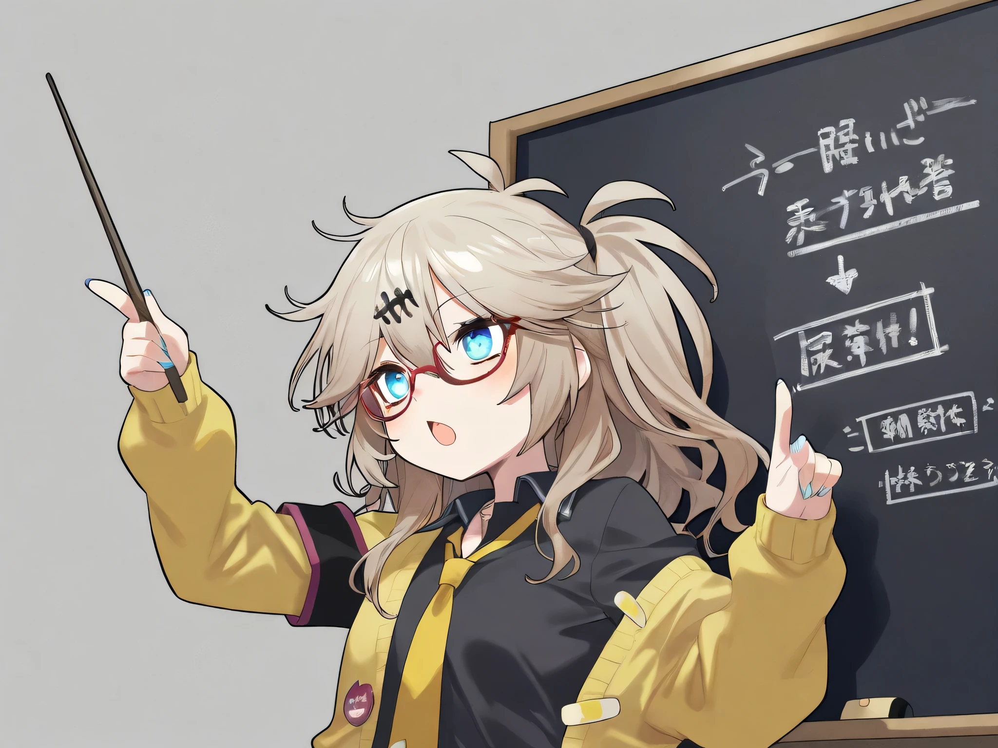 one girl ,kasukabe tsumugi , gray background, Upper body, red rimmed glasses , black school uniform, yellow cardigan, yellow tie , from diagonal, detailed background, open mouth , holding a pointer stick, pointing at blackboard,