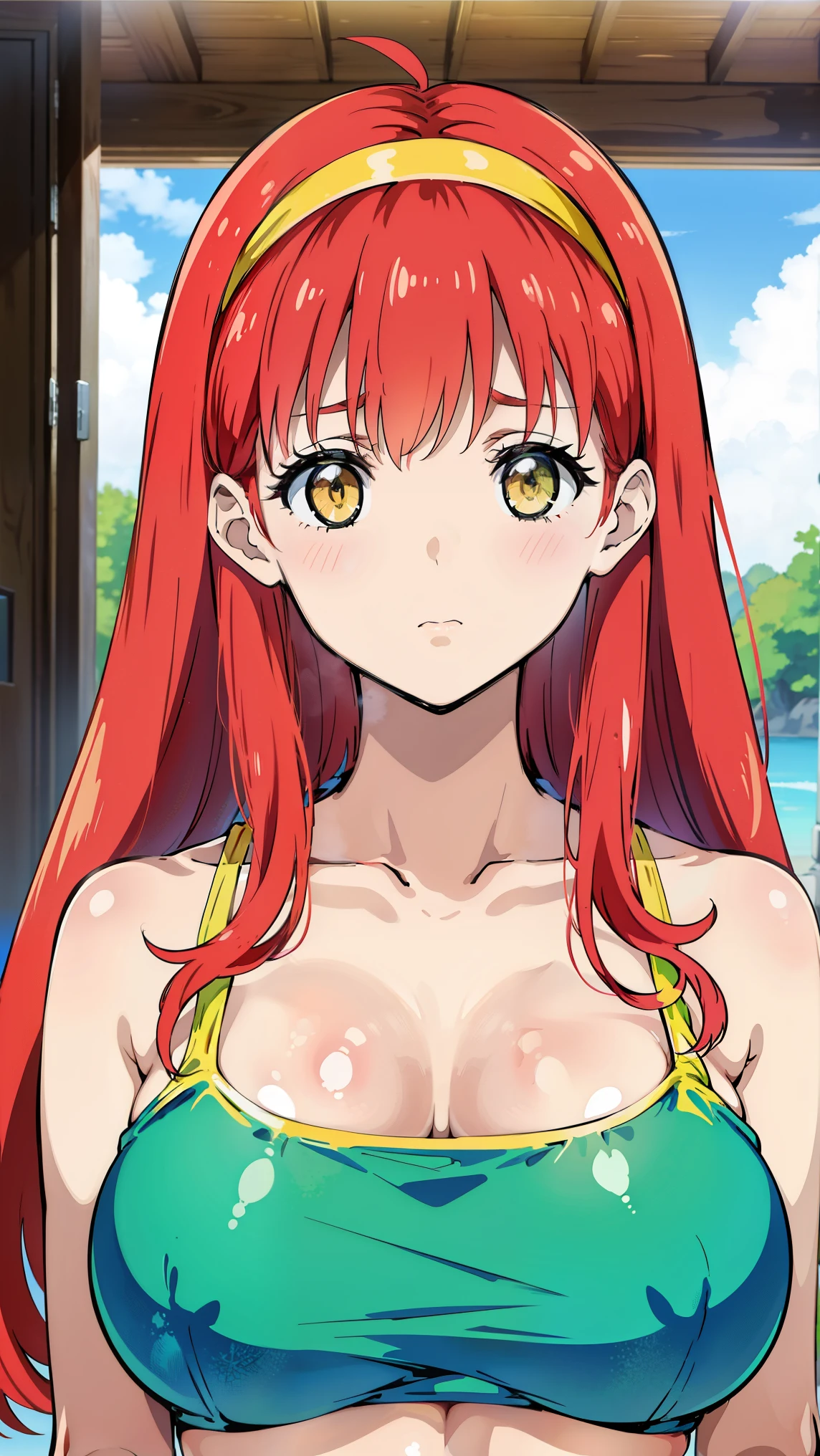 {4k image}, 1 beautiful woman (milf), 40 years old, beautiful face, big red hair, blue eyes, busty, bow-shaped lips (Red lipstick), pointed nose, freckles on the face, wearing red mini bikini, looking at the viewer, {centered image}, {just face and chest photo}, {close on the face}, beach at night background, anime art style
