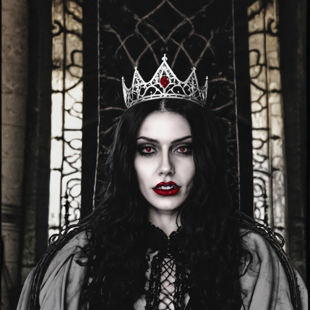 Angry Queen with bloody face in a dark atmosphere, a crown on her head, gothic and scary atmosphere