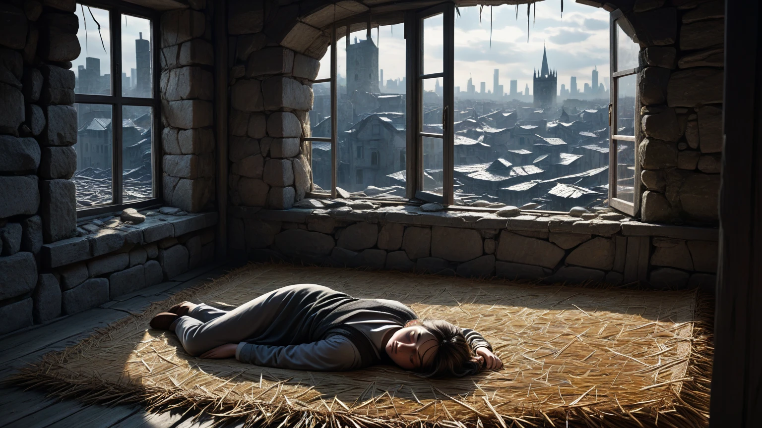 A child mourns his dead mother, lying down, and around him his whole town is destroyed
