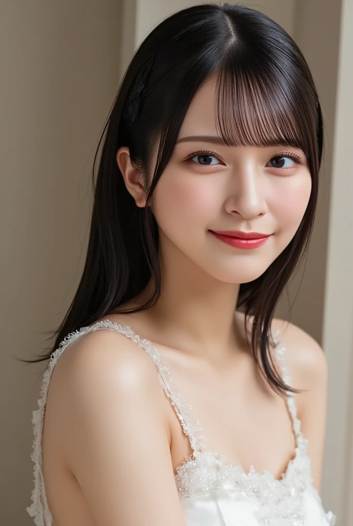 A beautiful Japanese girl, neck-length brown hair, beautiful, pale skin, photoshoot, white dress