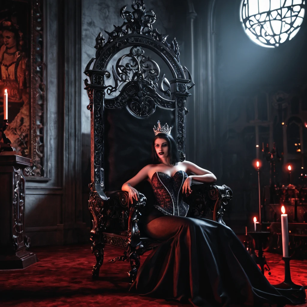 cinematic film still of sharp detailed cinematic film look of
Evil Queen a full shot low angle view of a (sexy) woman (legs-spread) dressed in a Evil Queen costume sitting on (glowing) crystal throne in a dark room inside a castle red in year 1500s 15th century, shallow depth of field, vignette, highly detailed, high budget, bokeh, cinemascope, moody, epic, gorgeous, film grain, grainy, high saturation