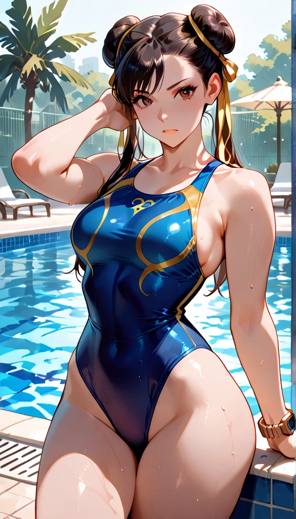 Top image quality、top-quality、8K picture quality、1girll、full body Esbian、Kasumi、A smile、embarrassed from、red blush、Beautiful fece、poneyTail、Tie your hair with a yellow ribbon、(Gold Metallic:1.4)、(Sleeveless)、(High neck competitive swimsuit)、(highleg)、(Crotch penetration)、(pin heels)、Squatting on the ground、(Open your crotch wide from side to side)、Arms behind your head、(Show off both armpits)、gazing at viewer、((Face the viewer))、((Show viewers your crotch)) 、((Frontal shot))、in poolside、profetional lighting、professional photograpy