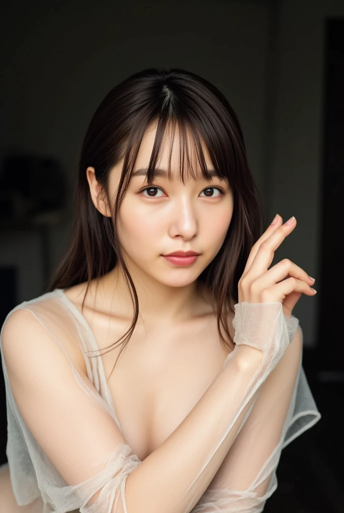 (best quality:1.4), (ultra highres:1.2), (photorealistic:1.4), (16k, RAW photo:1.2),(portrait shot:1.3), bmangpor, 1girl, solo, long hair, brown hair, upper body, white smooth armpits, one arm up, knit tank top, small breast,see through,nipple