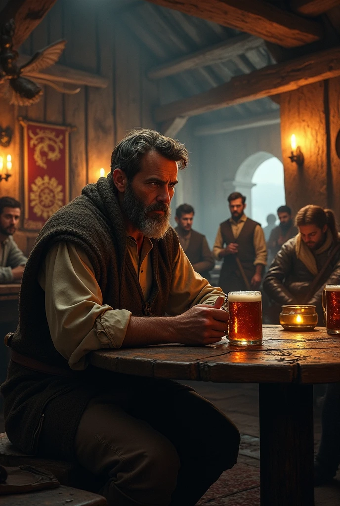(bearded men, mustachioed men, medieval Europe, tavern, long shot, 8k resolution, masterpiece:1.2), drinking beer, wooden interior, dim candlelight, rustic atmosphere, medieval clothing, rugged and detailed faces, tankards, wooden tables, atmospheric haze, warm color palette, bokeh