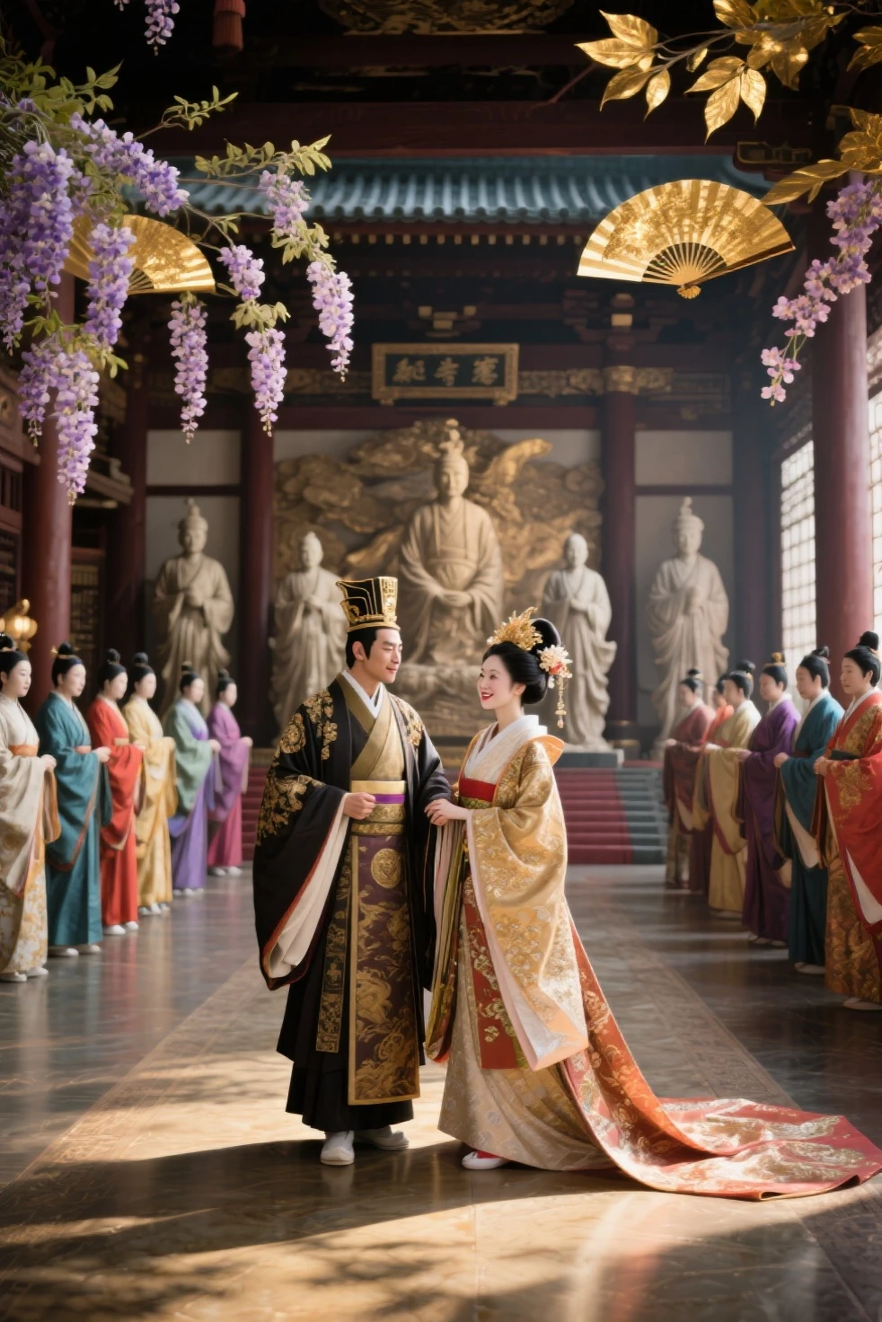 in an elegant hall of Japanese-style court architecture、Japanese couples dressed in luxurious court costumes from the Heian period are getting married。Couple with graceful smiles。Men wear emperor costumes、the woman wears the empress's costume。12 gorgeous Japanese sculptures are solemnly displayed in the back。Many aristocrats and families dressed in colorful Japanese-style court costumes gather、brings joy and blessings。 wisteria flowers swaying in the wind 々brings joy and blessings to the venue、 Gold leaf fan shining in the light。It expresses a special moment full of joy with delicate details and elegant use of colors。
Viewers Perspective、(8K、 RAW photos 、Highest Quality、Masterpiece:1.2)、(real、Photorealistic:1.4)、Professional lighting、photon mapping、radiosity、Physically Based Rendering、Ultra HD、Deep Shadow、8K、Masterpiece、accurate anatomy、Accurate Numbers of Human Hands, Feet and Fingers、Physically Correct Placement of Ornaments、Biologically Correct Mouth、Biologically Correct Lips、Biologically Correct Tongue、