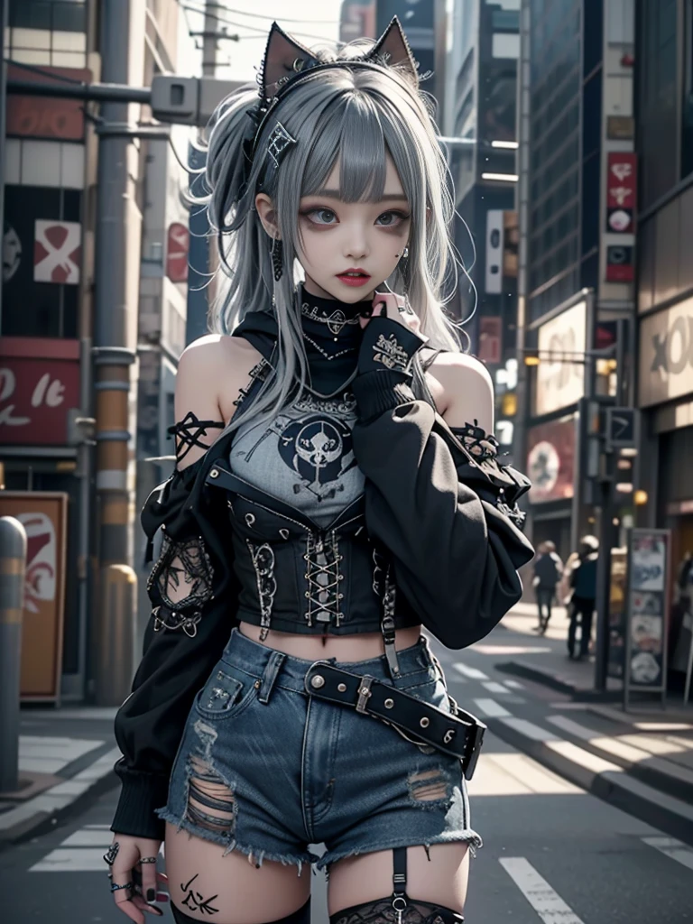 From above、Best Quality, masutepiece, photo of an actress, 25-years old, Beautiful, Watching the viewer、Background white、Nike、Piercing Woman、piercings、A smile、colourful hair, Black shorts、Blunt bangs、(a black skirt)、(1girl in:1.5, Solo), Photorealsitic, hight resolution, Akame, Korea person, Cowboy Shot、Gothic, Colossal tits, (Perfect Anatomy:1.5)