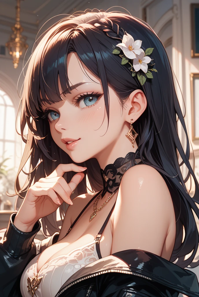 masterpiece, (best quality), 1woman,1girl ,beautiful woman, altairdb, long hair, green eyes, black hair,frills ,dress,white dress, necklace, , jewelry,black gloves, bare shoulders, smile,stud earrings , vibrant colors ,natural lighting ,RTX, perfect proportions, beautiful, (detailed face:1.2), showcase, (perfect eyes:1.1) ,(photorealistic:1.1), 8k uhd, looking a viewer, outdoors, simple backround, (adult)