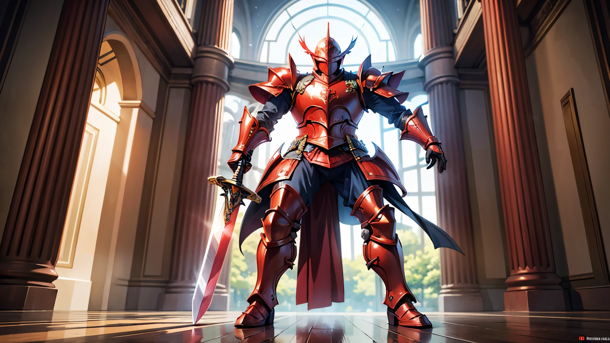 masterpiece, best quality, skeleton warrior, armor, gauntlets, helmet, red eyes, glowing eyes, sky, solo, colosseum background, crowd, spectators