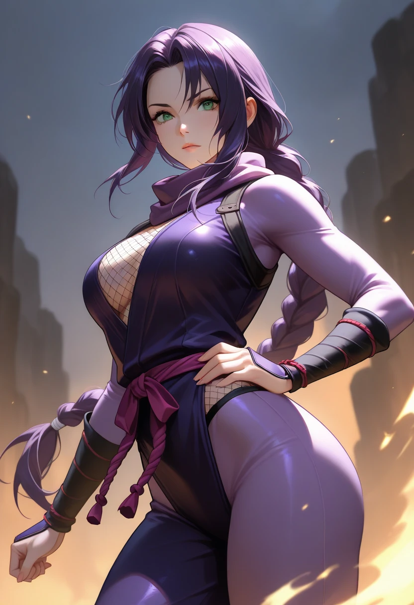best quality, masterpiece, (leaning over:1.4), 
1girl, yuzuriha_(jigokuraku), purple hair, brown eyes, ninja, open clothes, cleavage, small breasts, topknot, medium hair, breasts apart, seductive smile, pants, undressing,  (blush:1.1),  japanese exterior, temple,