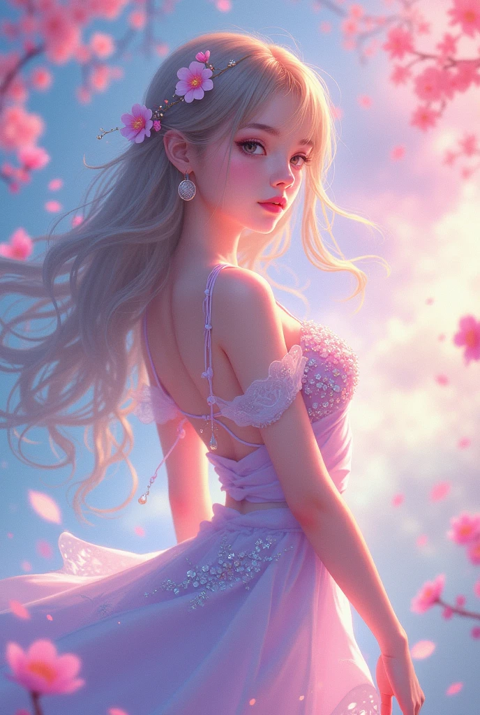 {{{{{extremely detailed CG}}}}},{{8K}}, ((masterpiece)), (((best quality))), ((ultra-detailed)), beautiful detailed eyes, beautiful stunning face, extremely detailed face, beautiful long eyelashes, plump lips, extremely detailed skin texture, long blonde hair and grey eyes, young female dancer, wearing a pink and white knee-length ballgown, she is dancing with other female dancers outside in nature, dancing outside at night with decor lighting, hair tied behind back