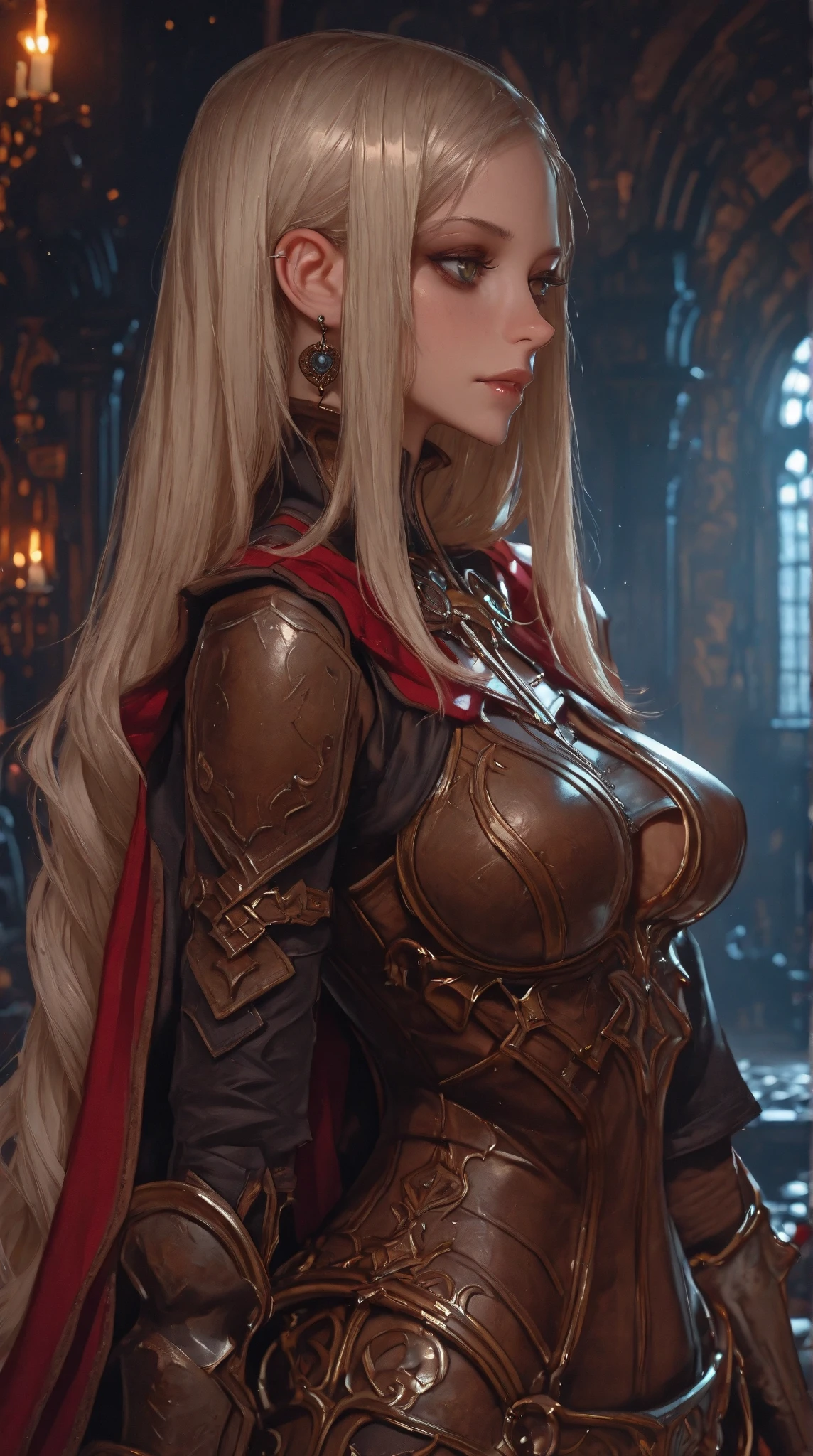 8K,holy knight with sword,Gorgeous black and red very large chest armor(Precisely crafted aristocratic coat of arms),luxury black and red pants,Super beautiful(like the real thing),ultra high resolution,Super realistic,realistic skin,blonde curl hair,big blue eyes,muscular slim body,cool smile,purple rouge,background,battlefield,gorgeous black and red shoulder armor,gorgeous black and red waist armor,Luxurious black and red foot armor,fantasy art,character art,battle scene,action scene,action pose,Sexy cleavage,Paladin,Looking down on her huge cleavage from above,