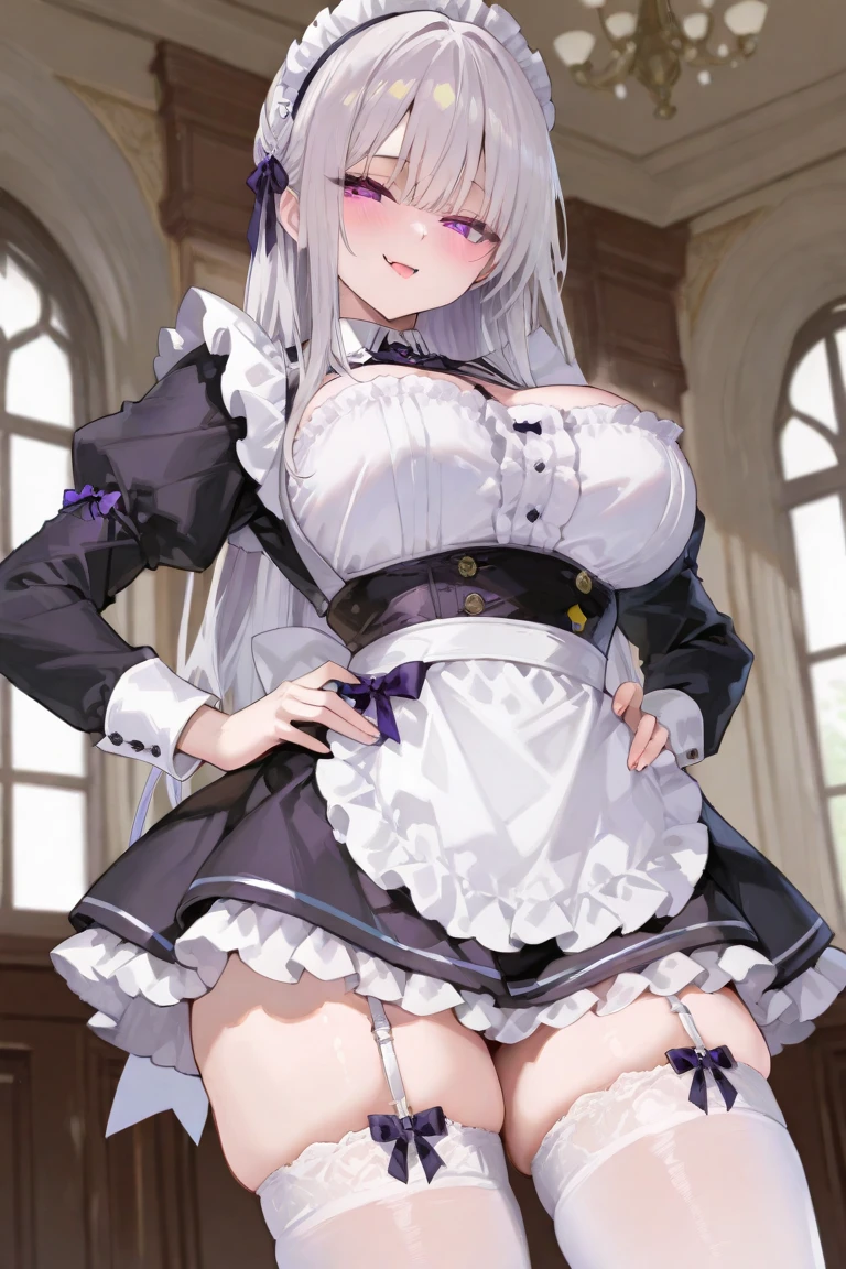 score_9,score_8_up,score_7_up,source_anime,cowboy shot,Idealized Forms,Natural Light,details background,blurry background,extremely detailed,1girl in, Solo,belfast(azue lane),very_long_hair, Large_breasts, white_hair, Bangs, cleavage, braid, Blue_Eyes, French_braid, clavicle, Purple_Eyes, chain, Collar, Dress, frilld, maid, maid_Head dress, white_gloves, white_thighs thighs thighs thighs, maid_Apron, white_Apron, frilld_Apron, greys_hair, frilld_gloves, Blue summer sky, washing, hold the sheet in your hand, look up to