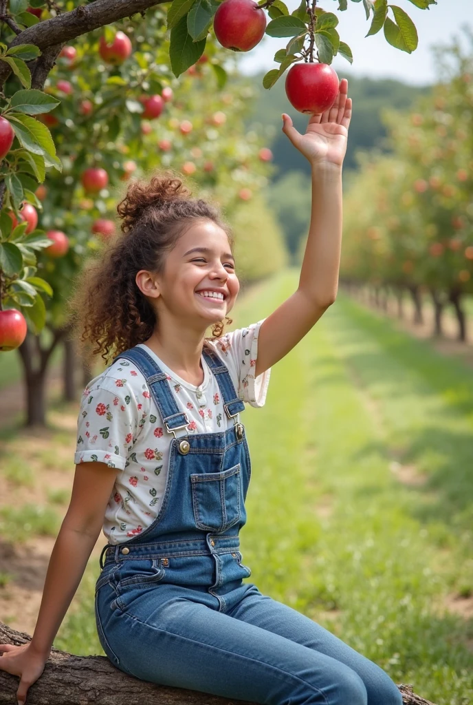 A high-resolution photo of a closeup of a BLONDE child girl with long hair, in denim overalls, white T-shirt, loose farmer's hat, looking at the camera, standing in the field of (fruit trees), holding a basket of oranges