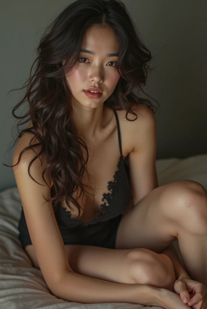Realistic image of a Korean woman with fair skin, perfect proportions, not naked, porn, lying flat with legs pointing towards the camera, looking front on a white bed, with a full body graphic tattoo.