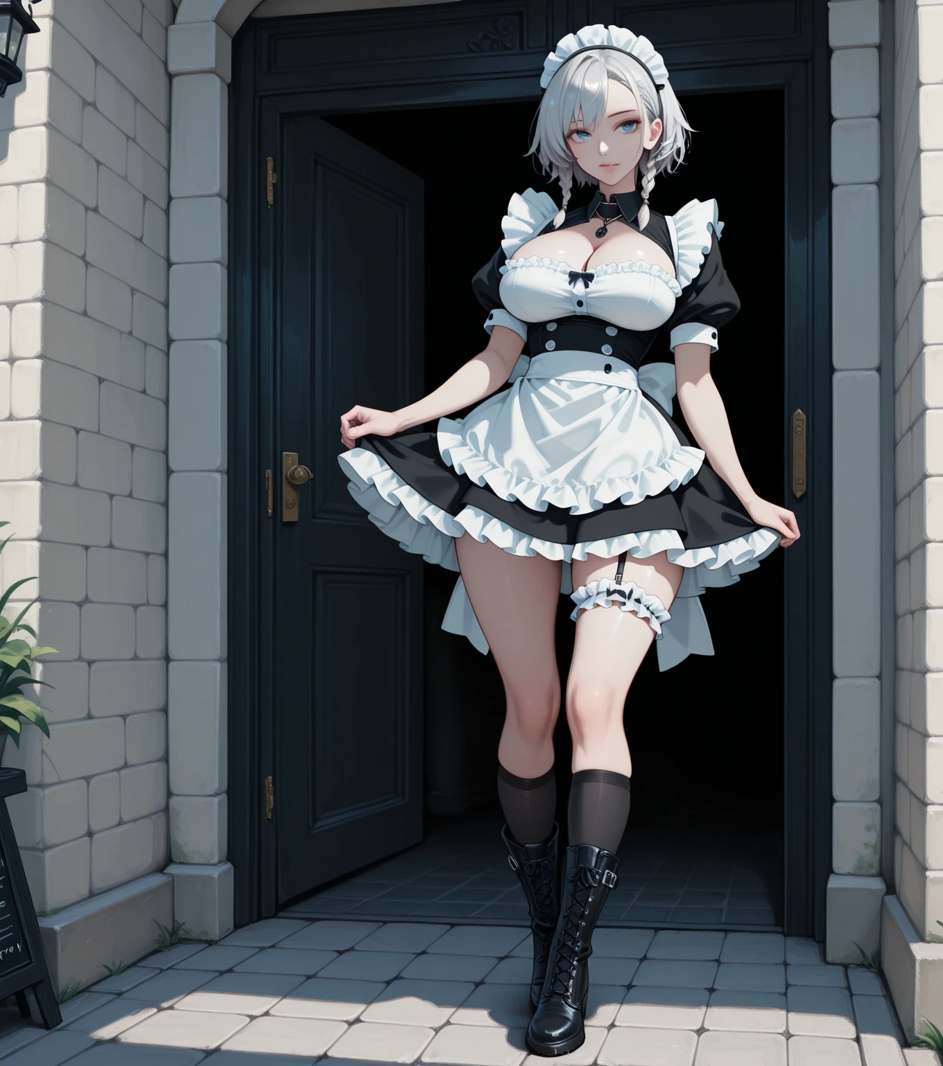 (solo Sakuya toho character standing at front of large glass windows), skinny, (open long legs wide:1.3), BREAK, (large perky breasts), (emphasize cleavage), (inconceivably thin narrow waist:1.7), short torso, thin long legs apart, arms behind back, arched back, emphasize thigh gap, BREAK, (very short maid dress) lifted breasts up, (maid dress cinches narrow waist inconceivably tight:1.7), (cleavage cutouts wide), (too short skirt:1.4), highheels, tiptoe, (pigeon toed), smile for viewer, open mouth, , BREAK, ultra-detailed, (orgasm), (nsfw), (excessive pussy juice cascade down between legs:1.2)