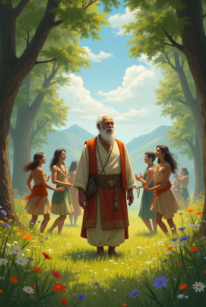 Group of village people see strong old person in front of lake and village people talking to old strong person 