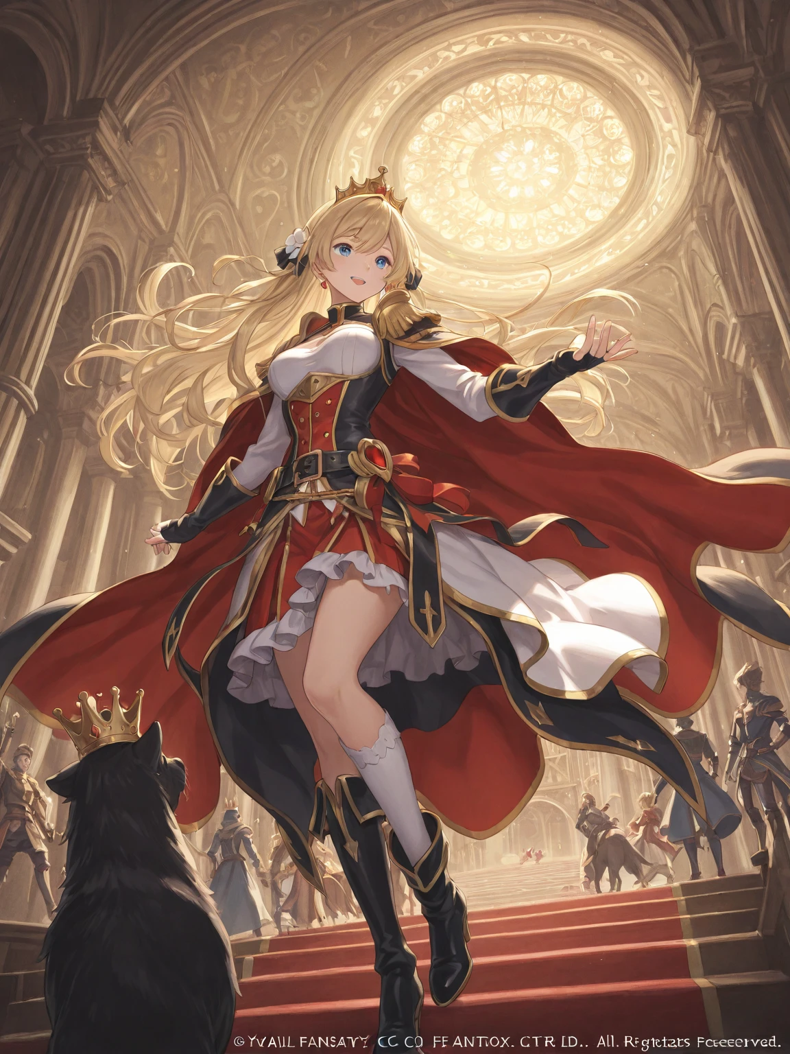 anime、The girls、red-eyed、blond hair、Princess、robes、Western castles、tiara、1people、solo