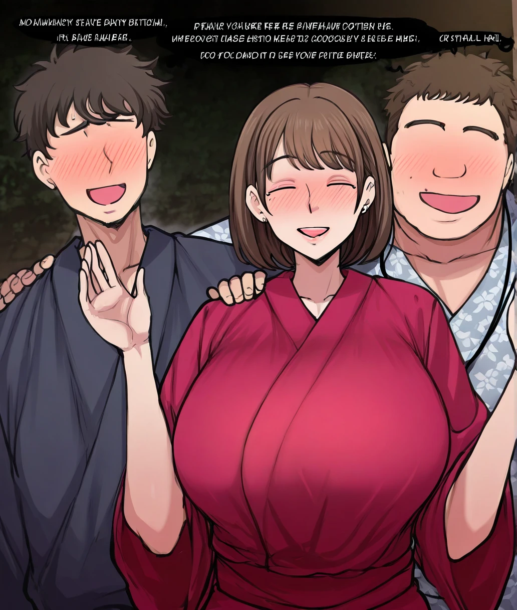 multiple thick body large breast female wears transparent long floral wavy dress sitting and talking at onsen, some females squatting and spreading her legs showing panties, (all panties detailed lace pattern panties), (show bare breast and nipples peeking out of dress), nsfw, ((male character blushing and hugging female characters from behind))