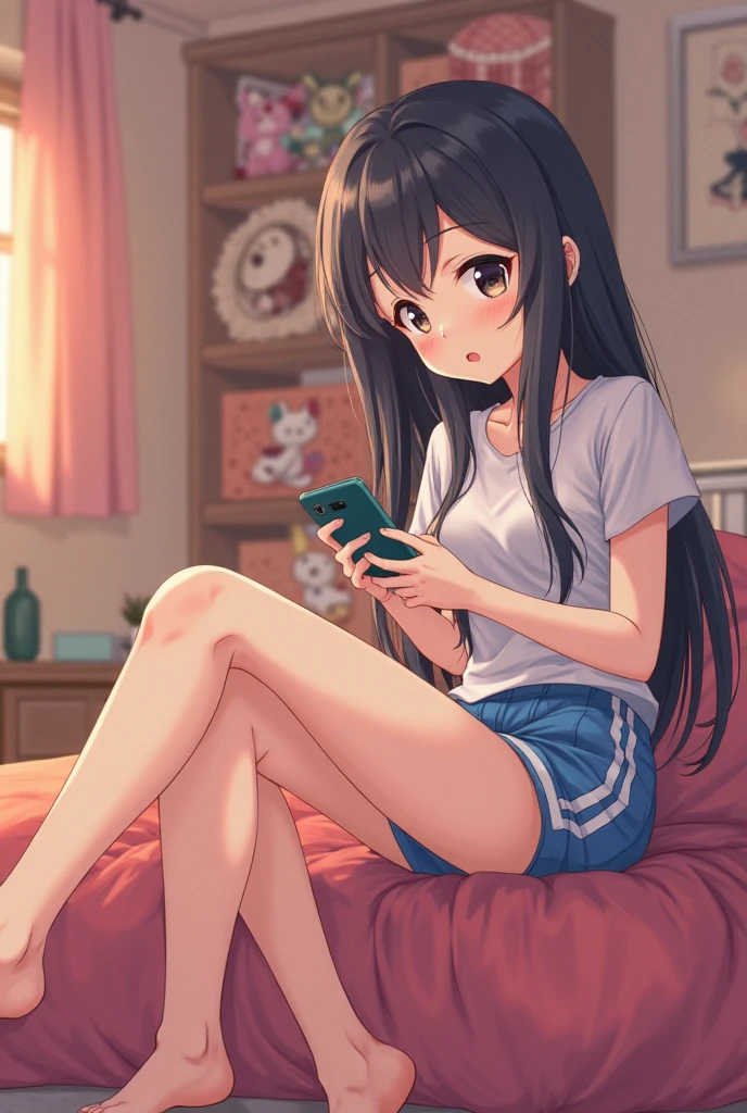 detailed illustration, dynamic angle, ultra-detailed, illustration, 1girl, red tank top, black leather jacket, crop top, long black hair, straight hair, medium breasts, short black plaid skirt, sitting on couch, spread legs, smiling, shy, innocent, black eyes, texting on phone, playing on her cellphone, looking at her cellphone 