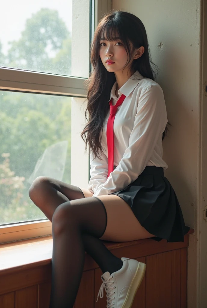 there is a woman sitting on a bench in a school uniform, Surrealism female students, Surrealism female students, thighhighs and skirt, Korean girl, Realistic schoolgirl, Beautiful Asian girl, cute female student, pretty face with arms and legs, beautiful Korean women, Gorgeous young Korean woman, wearing skirt and high socks, seductive anime girls, Japanese model