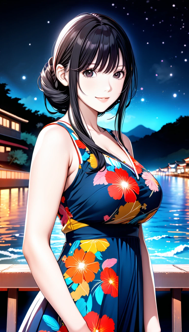 ((masterpiece, Highest quality, Highest quality, Official Art, beautifully、beautiful:1.2)),((masterpiece)),((Vibrant colors)),((Ayako Katagiri)),((幸せそうなsmile)),((smile)),((looks fun)),(one piece),(((Side bust))),(sunset)