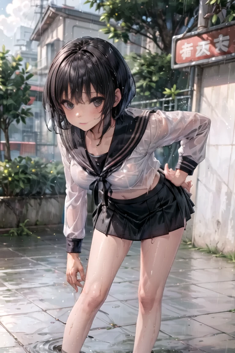 realistically, 1 girl, ponytail, brown eyes, glowing eyes, Blush, daytime, sun light, Wet, Seethrough, white short skirt, Sit with your knees raised., crotch, nipples, sleeveless shirt, pussy, armpit, Naked, legs apart,