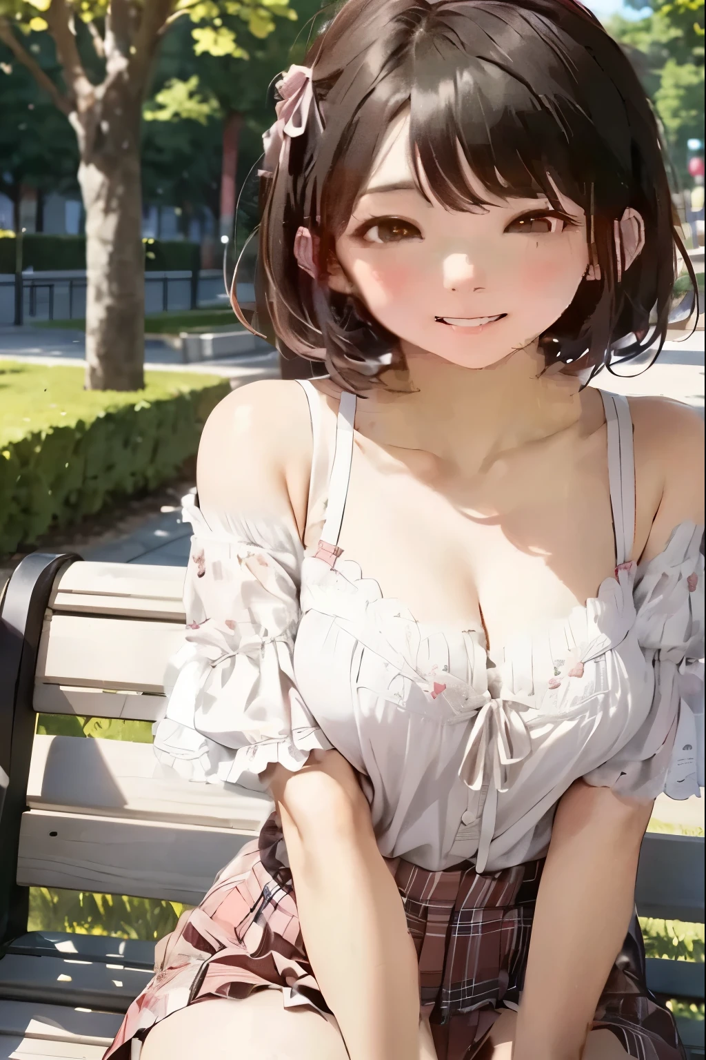 (masterpiece), (highest quality), (Super detailed), Two Girls, blush, ((lift up:1.2)), Happy, View Viewer, Big Hair, Brown Hair, wood々In a park with,bench, shy ,sit on the bench, ((slender)) ,anxiety, blush, mischief,From below,The body is slim,(Shiny skin),  from the front, From above,Long wet ears, ((topless:1.2)),(Pink small nipples),(Thighs),(white micro thong),